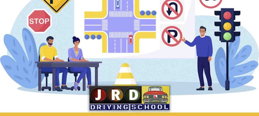 A vibrant image capturing the exterior of JRD Motor Driving School in Guwahati, showcasing a modern facility with professional driving training ambiance.